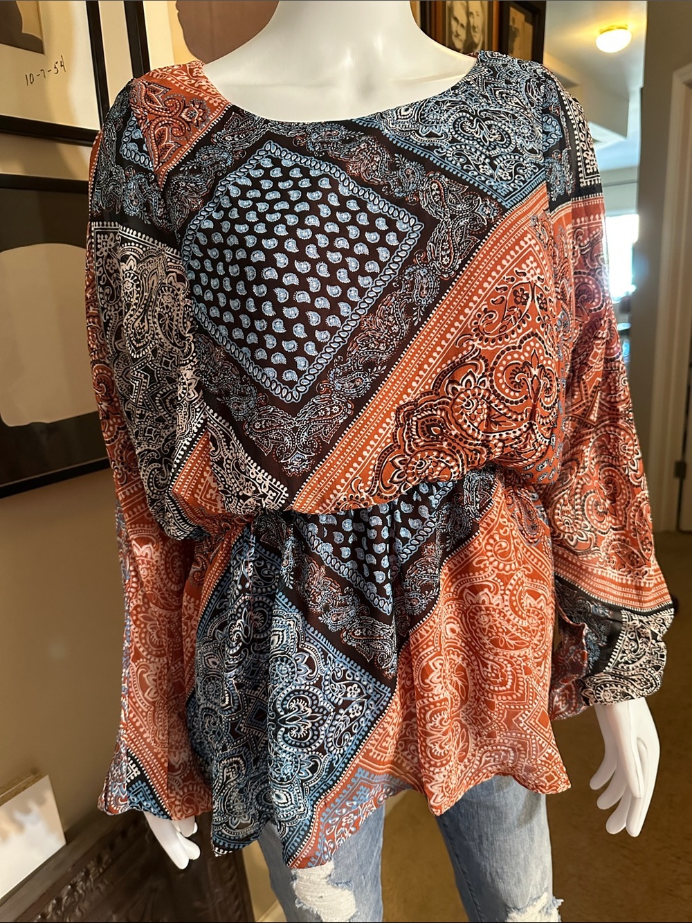 Boho Patchwork Peasant Blouse in Rust & Blue